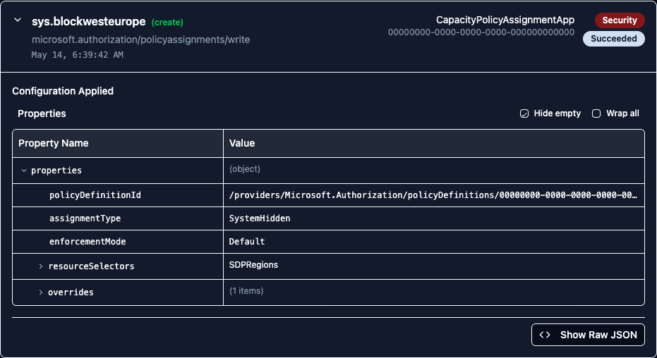 An expanded create operation card showing the Configuration Applied property table and the Show Raw JSON button