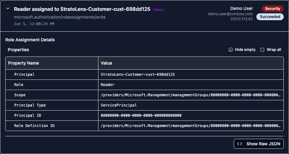 An expanded RBAC operation card with the headline Reader assigned to a service principal, showing the Role Assignment Details table