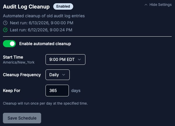 Audit Log Cleanup card expanded with cleanup frequency Daily, Keep For 365 days, the Next run and successful Last run timestamps in the header, and the Save Schedule button