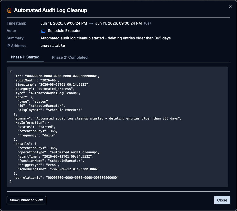Details modal for the multi-phase Automated Audit Log Cleanup activity with Phase 1 Started and Phase 2 Completed tabs
