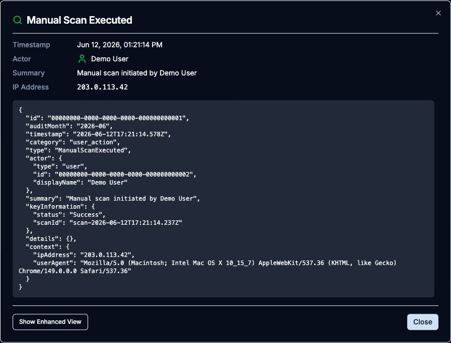 Details modal with Show Raw JSON toggled on, revealing the full event payload
