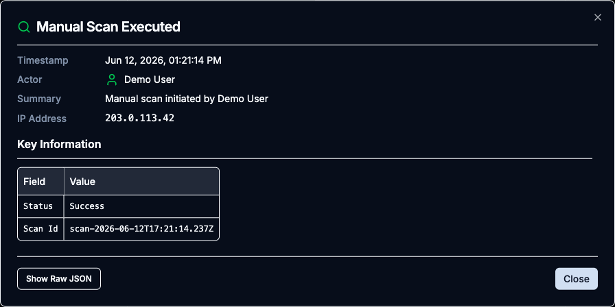 Details modal for a single-phase user action, Manual Scan Executed, showing the actor and event metadata