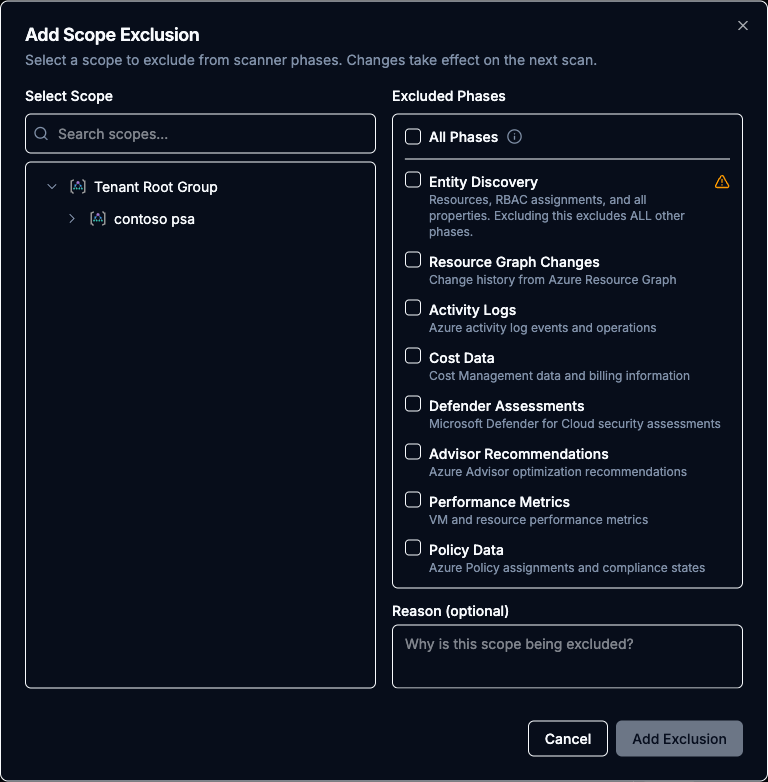 Add Scope Exclusion modal with the scope tree expanded on the left and the eight phase checkboxes with descriptions on the right