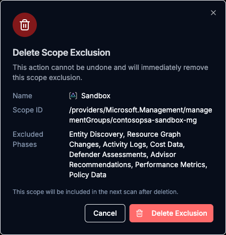 Delete Scope Exclusion confirmation dialog summarizing the scope name, scope ID, and excluded phases, with Cancel and Delete Exclusion buttons