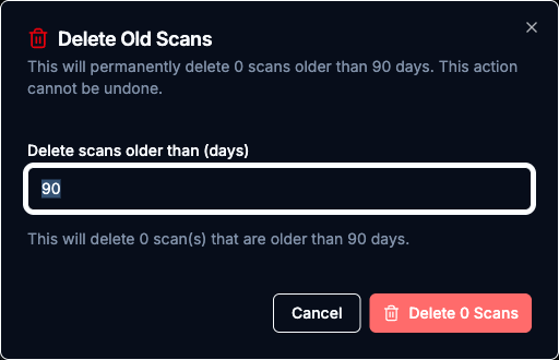 Delete Old Scans confirmation dialog with the days threshold field and a summary of how many scans will be permanently deleted