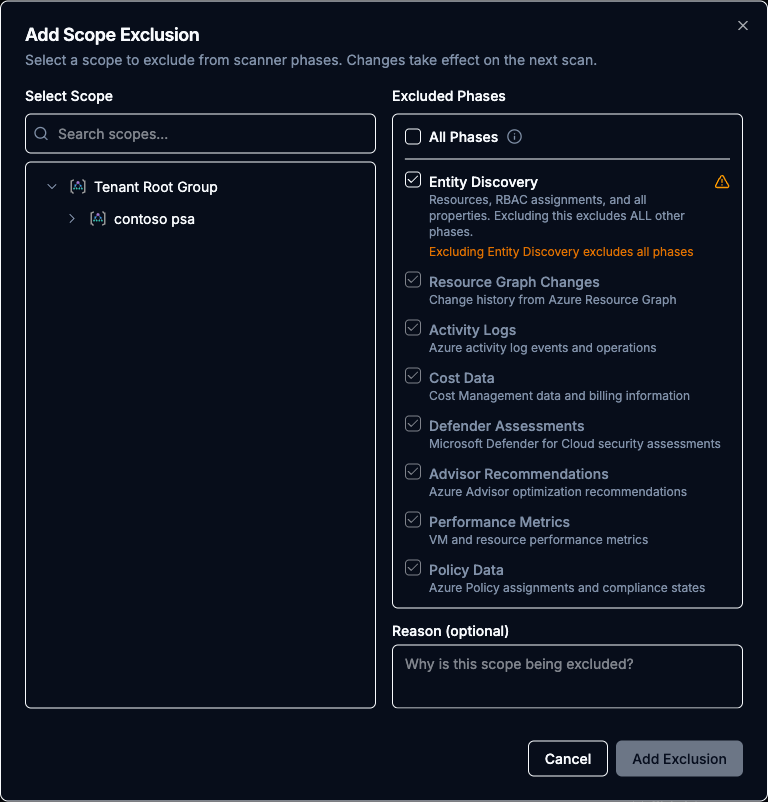 Add Scope Exclusion modal with Entity Discovery checked, a warning that excluding Entity Discovery excludes all phases, and every other phase auto-checked and greyed out