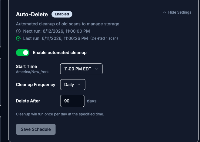 Auto-Delete card expanded showing the cleanup start time, frequency, and the Delete After days field set to 90