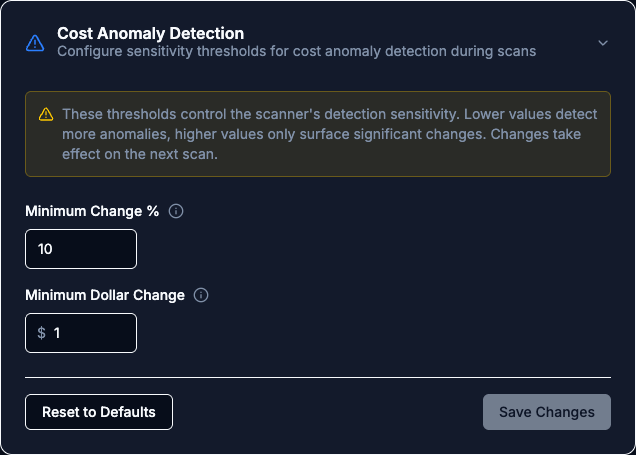 Cost Anomaly Detection card expanded under Settings Scanner with the Minimum Change % and Minimum Dollar Change inputs and the Reset to Defaults and Save Changes buttons