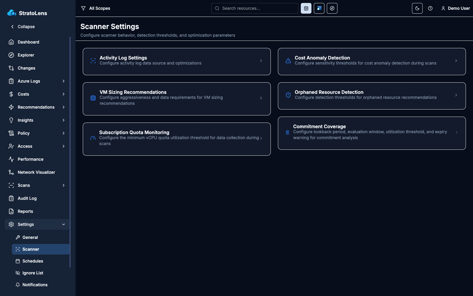 Scanner Settings page with collapsible sections for Activity Log Settings, VM Sizing Recommendations, Subscription Quota Monitoring, Cost Anomaly Detection, Orphaned Resource Detection, and Commitment Coverage