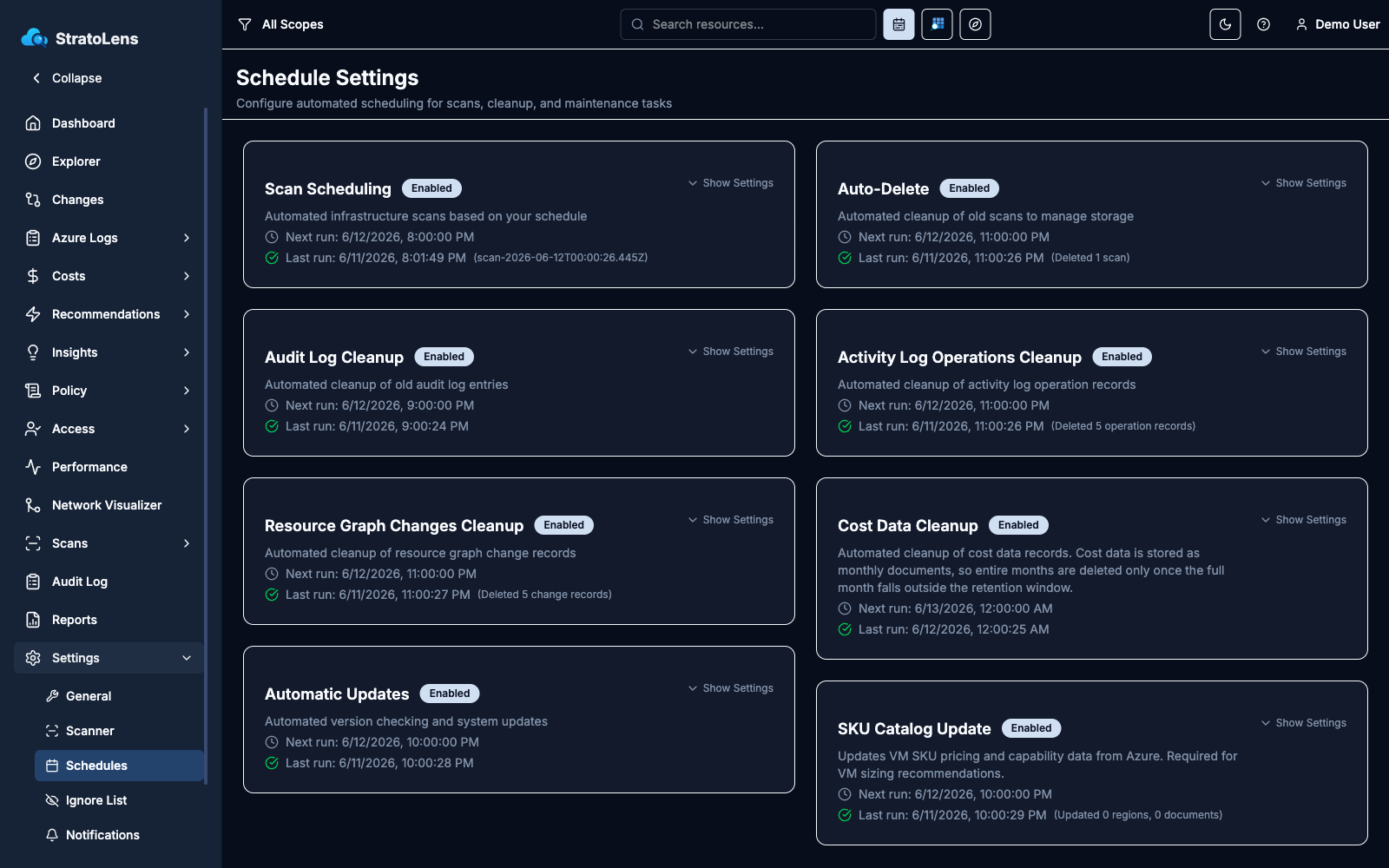 Schedule Settings page in a two-column layout with collapsed cards for Scan Scheduling, Auto-Delete, Audit Log Cleanup, Activity Log Operations Cleanup, Cost Data Cleanup, Resource Graph Changes Cleanup, and more