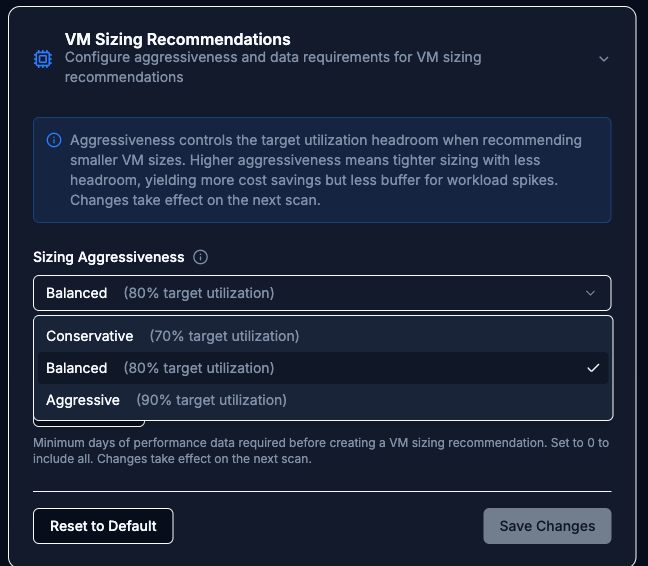 Scanner Settings with the VM Sizing Recommendations section expanded and the Sizing Aggressiveness dropdown open
