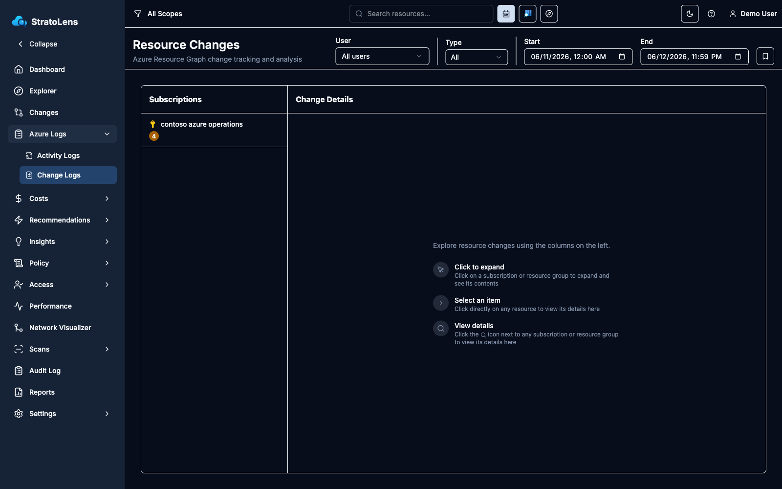 Resource Changes page on first load with the User, Type, Start, and End filters in the header, the Subscriptions column on the left, and the empty Change Details panel with usage hints