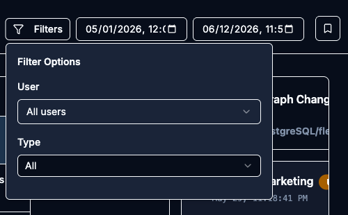 Compact layout with the Filters button open into its popover showing the User and Type filter options