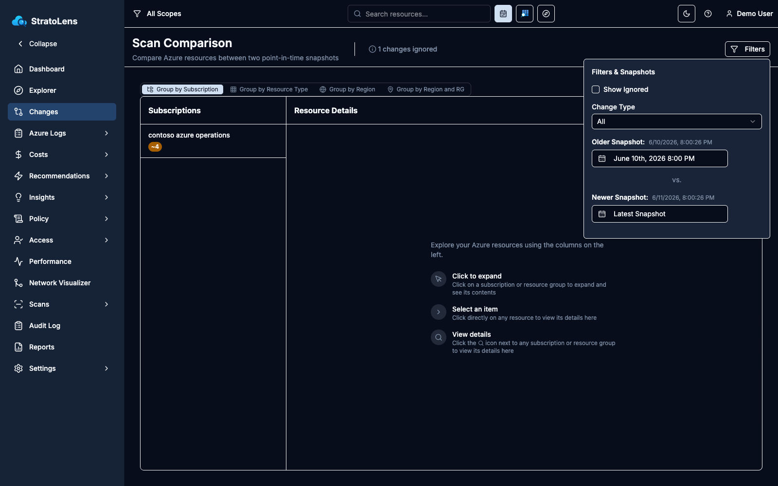 Scan Comparison page with the Filters and Snapshots panel open, showing the Show Ignored toggle, Change Type dropdown, and Older and Newer Snapshot pickers