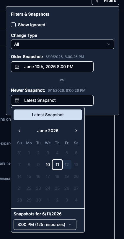 Newer Snapshot calendar picker with dates that have no selectable snapshot grayed out and unselectable