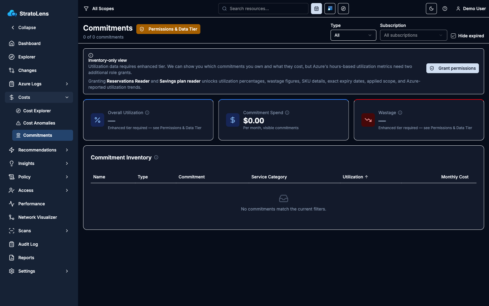 Commitments dashboard in base tier with the Inventory-only view info banner, Overall Utilization and Wastage cards showing dash placeholders, and the inventory table