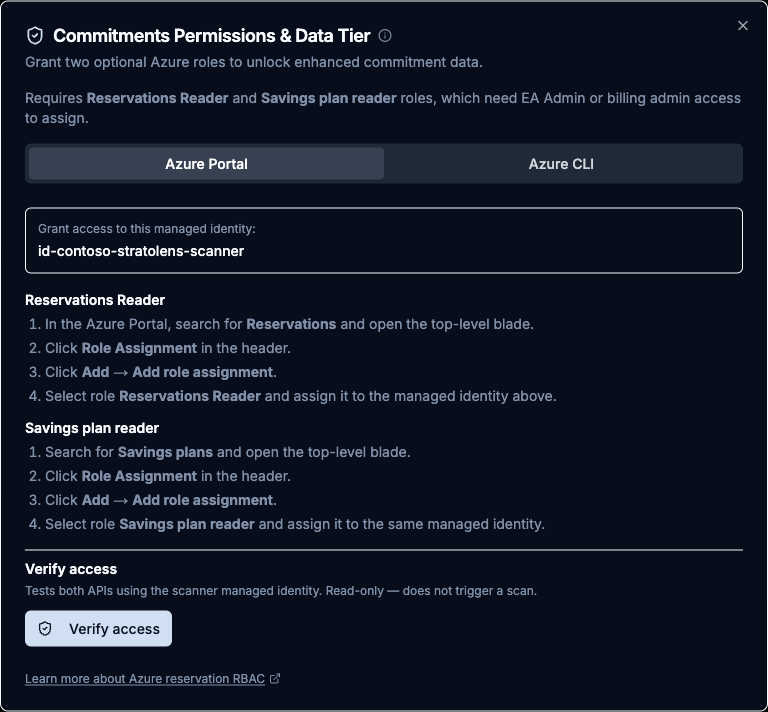 Commitments Permissions and Data Tier drawer showing the managed identity name box and the Azure Portal tab with numbered role-assignment steps for Reservations Reader and Savings plan reader