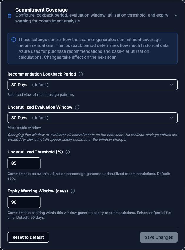 Commitment Coverage settings card expanded showing the Recommendation Lookback Period and Underutilized Evaluation Window dropdowns, the Underutilized Threshold percent field, and the Expiry Warning Window days field