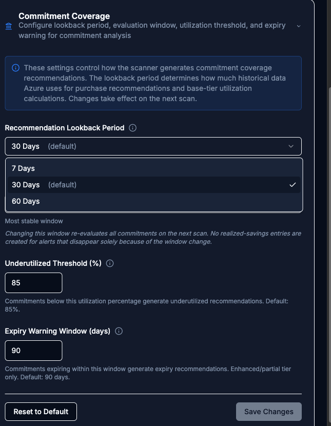 Recommendation Lookback Period dropdown open showing the 7 Days, 30 Days (default), and 60 Days options