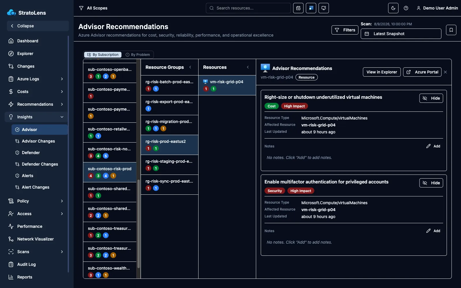 StratoLens Azure Advisor integration showing aggregated optimization recommendations across all subscriptions, grouped by category