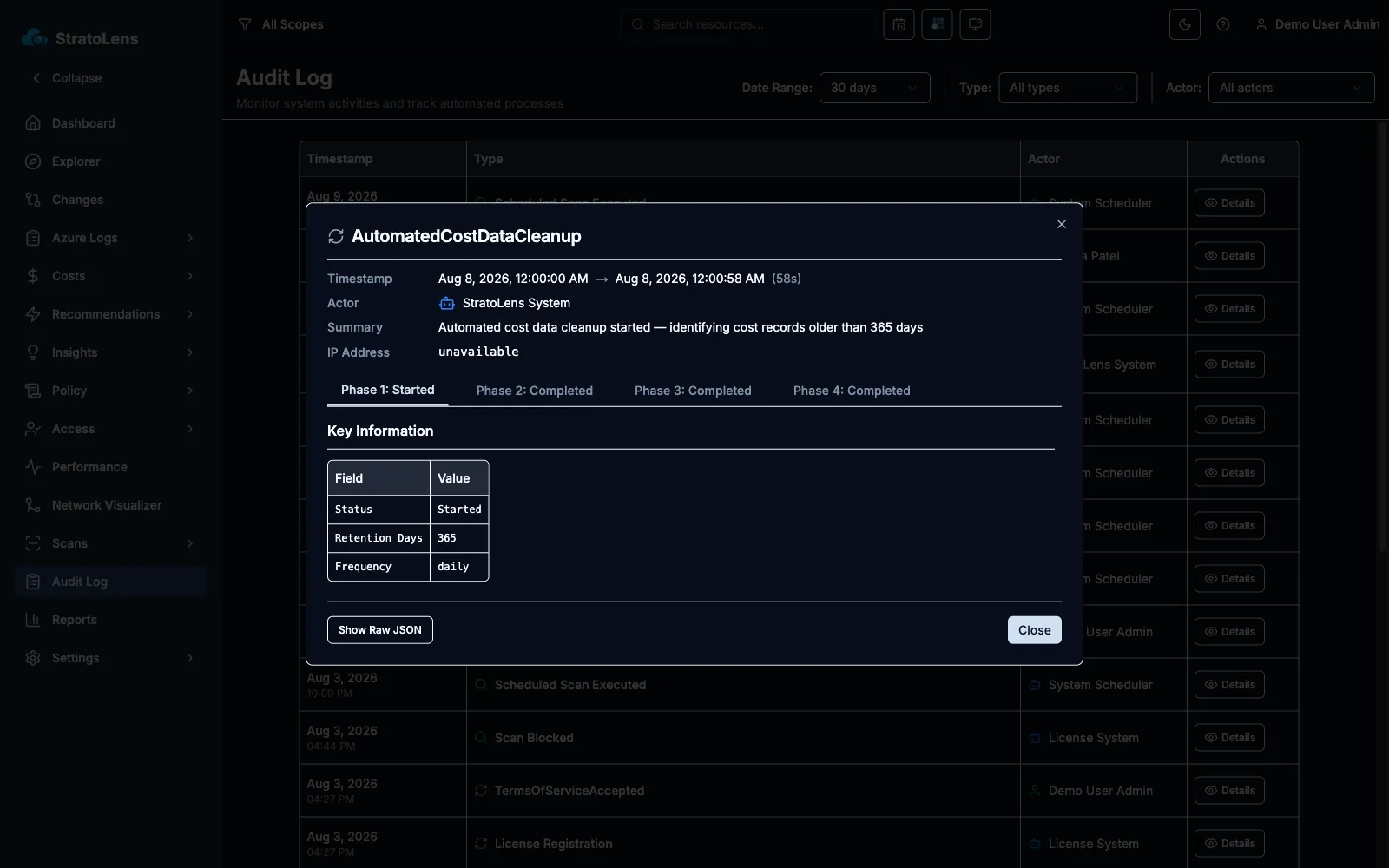 StratoLens audit log system showing a correlated multi-phase timeline of a scheduled data retention task, with linked phases forming a single audit trail entry