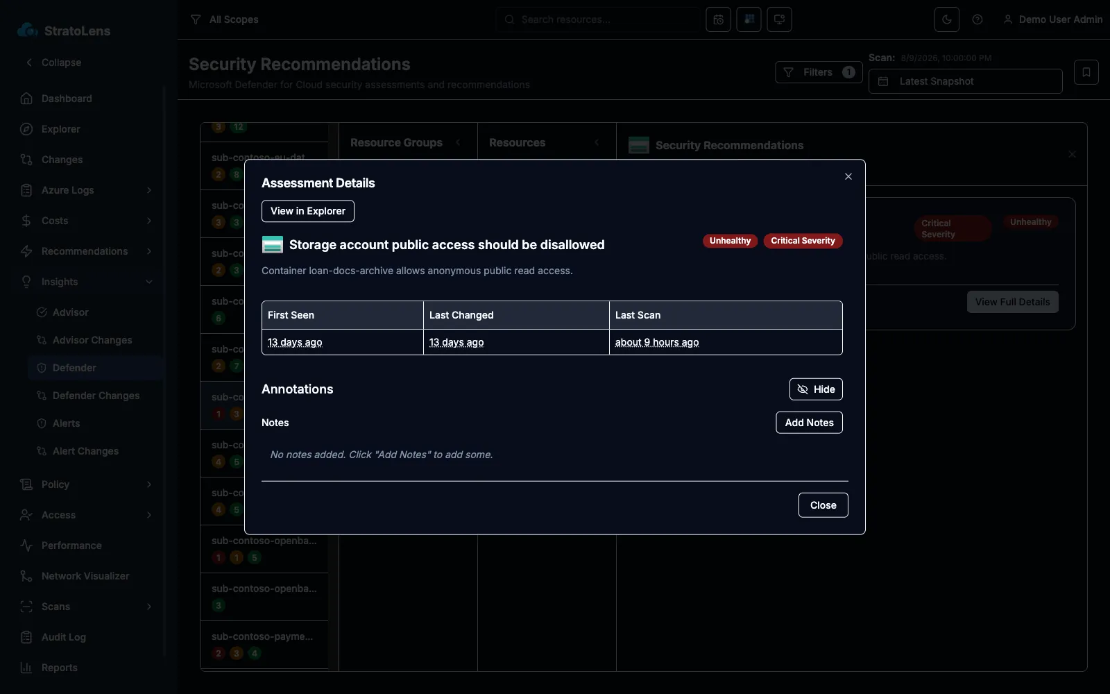 StratoLens Microsoft Defender for Cloud integration showing critical security findings across an Azure estate