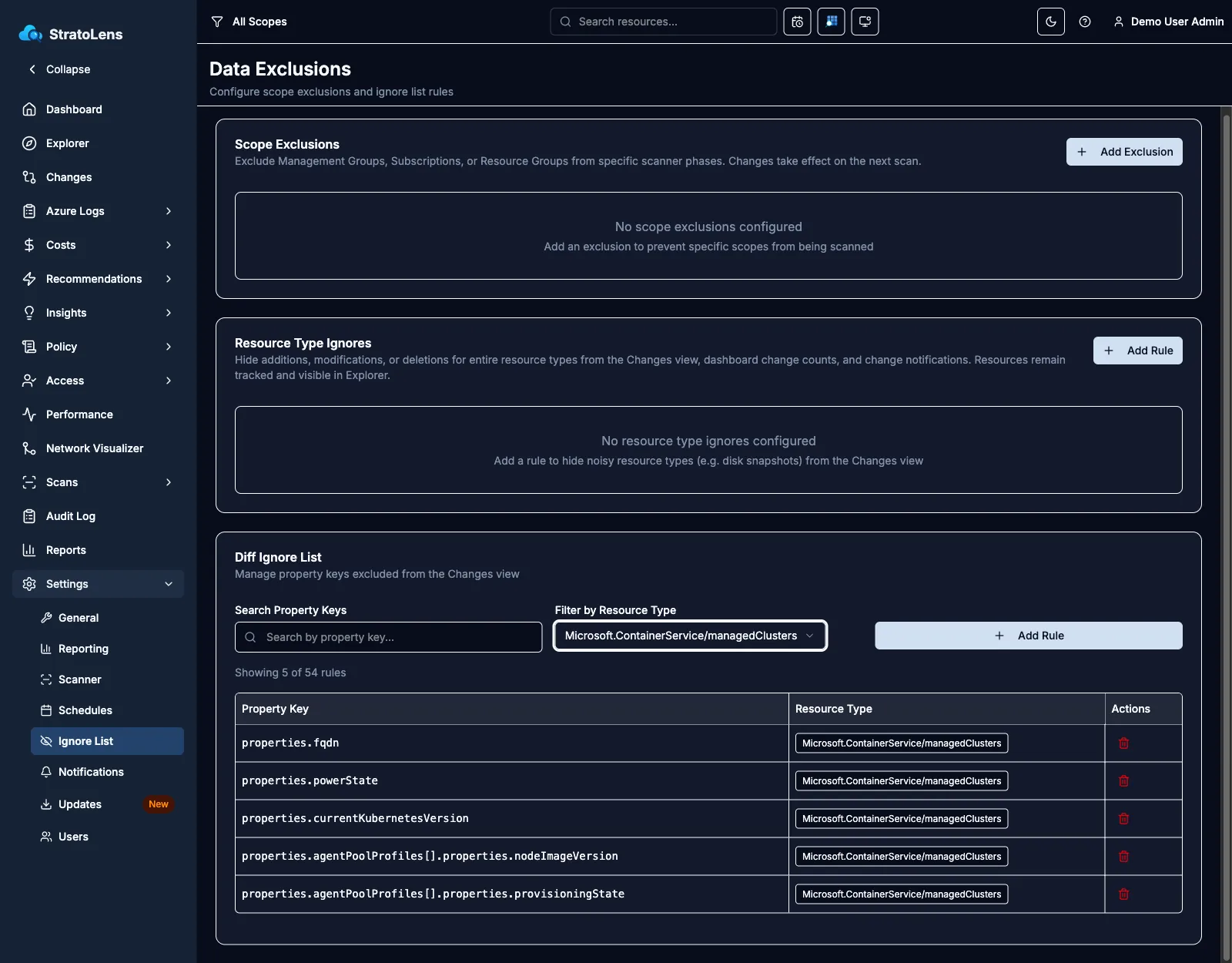 StratoLens ignore rules configuration filtered to AKS managed clusters, showing field-level rules that suppress noisy properties from change tracking