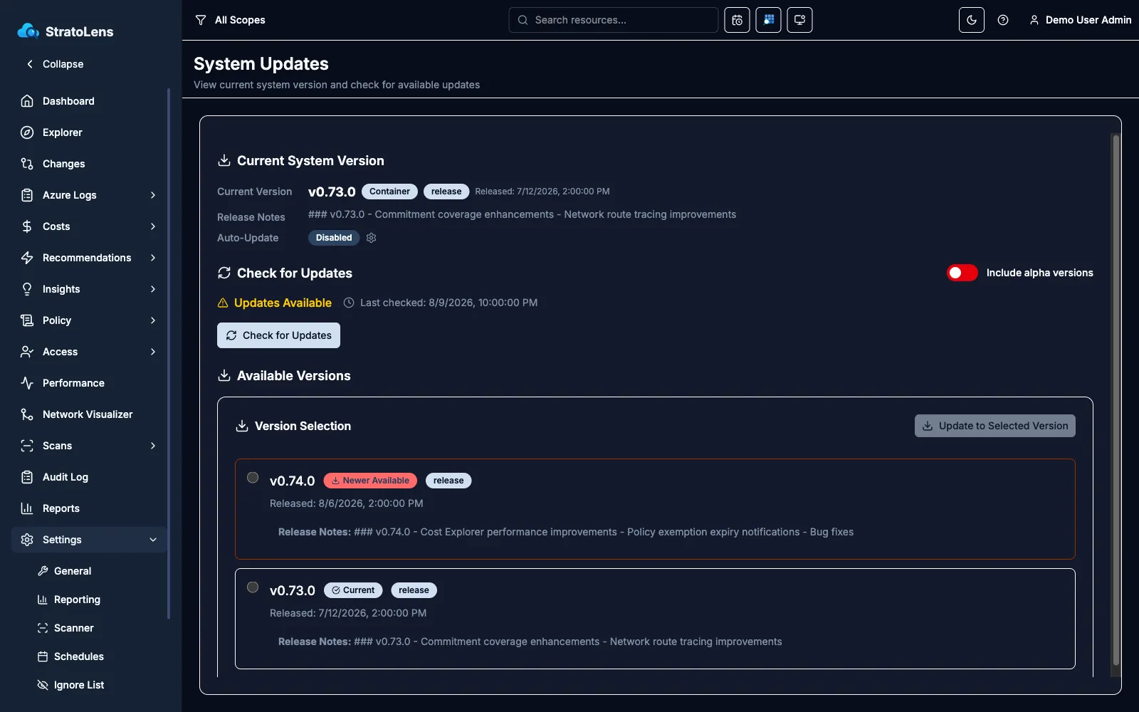StratoLens self-updating page showing a new version available for the self-hosted deployment, with the running version displayed
