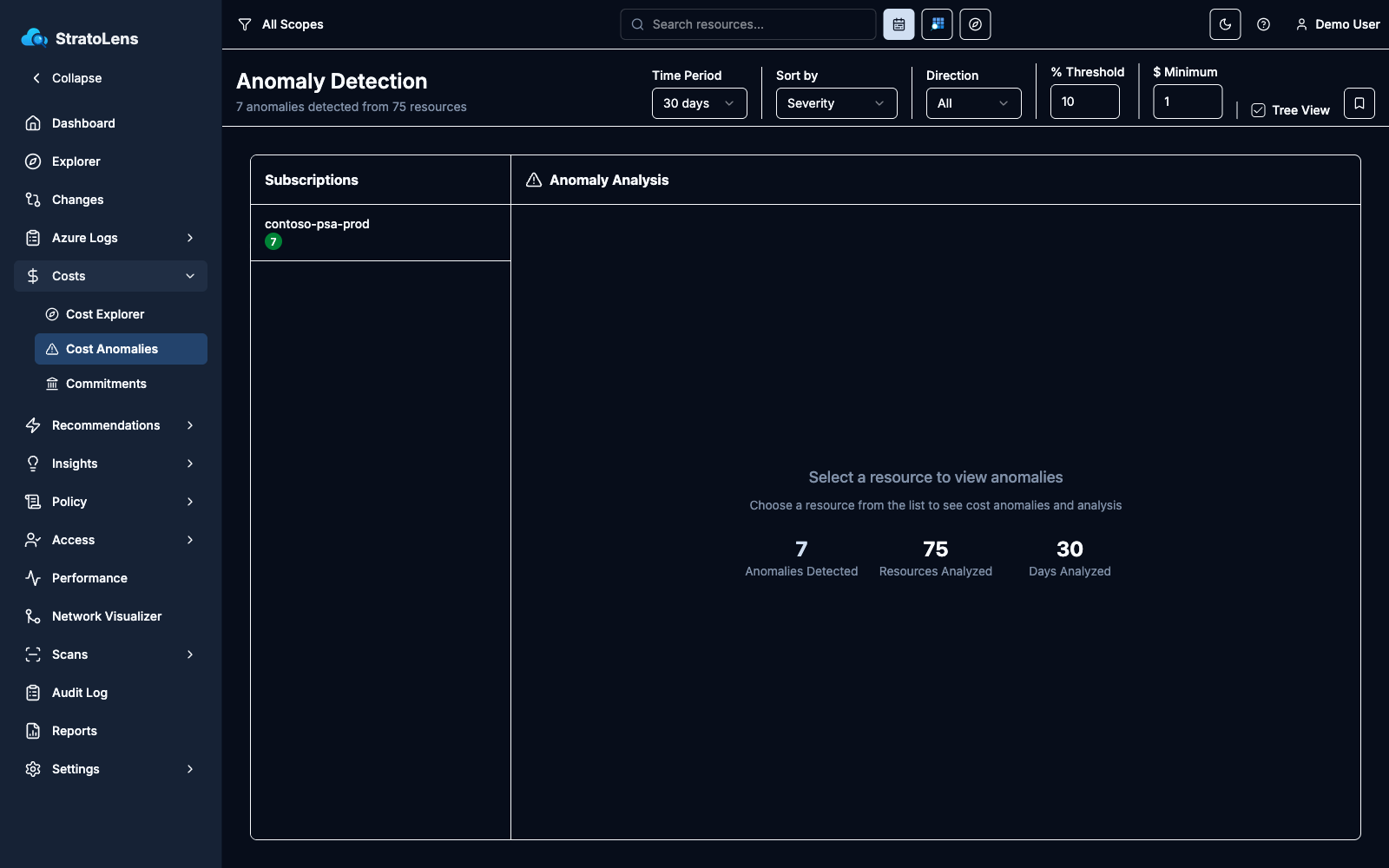Anomaly Detection page in its default state with the subscription tree on the left and the analysis summary showing anomalies detected, resources analyzed, and days analyzed