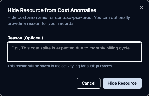 Hide Resource from Cost Anomalies dialog with the optional reason textarea and Cancel and Hide buttons