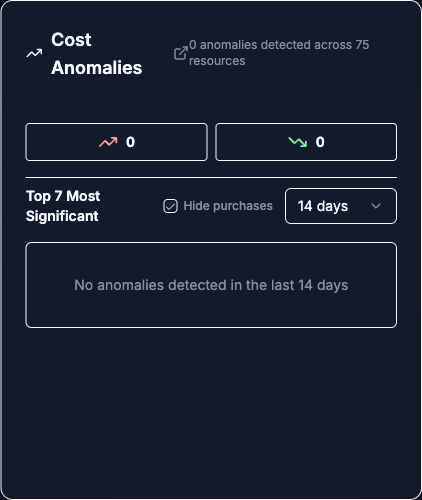 Cost Anomalies widget in its empty state with zero counts, the Hide purchases checkbox, the time window dropdown, and the message No anomalies detected in the last 14 days