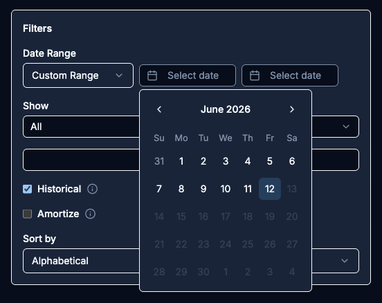 Date Range set to Custom Range with the start-date calendar popover open