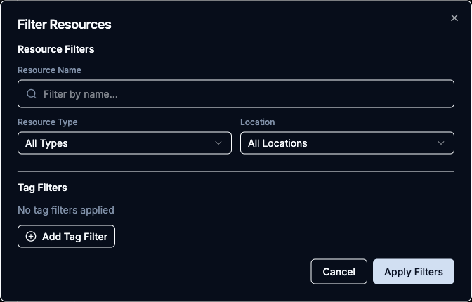 Filter Resources modal with the Resource Name, Resource Type, and Location controls and the Tag Filters section