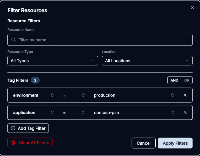 Filter Resources modal with two tag filter rows, each with key, operator, and value dropdowns, and the AND/OR toggle in the Tag Filters header