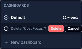 Dashboard dropdown with an inline confirmation row asking to delete the dashboard, with Delete and Cancel buttons