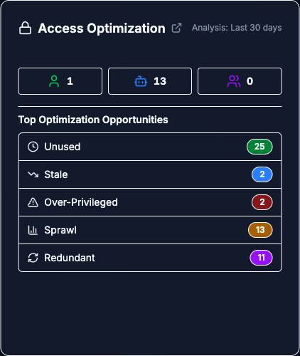 Access Optimization widget showing the three principal count cards and the Top Optimization Opportunities list with per-category counts