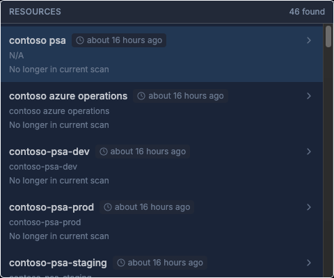 All scans mode search results where each entity shows a relative timestamp and a No longer in current scan badge
