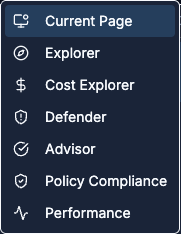 Destination picker dropdown open, showing Current Page, Explorer, Cost Explorer, Defender, Advisor, Policy Compliance, and Performance