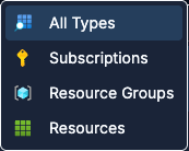 Entity type filter dropdown open, showing All Types, Subscriptions, Resource Groups, and Resources with their icons