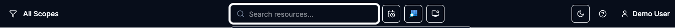 Top navbar with the global search bar focused, showing the Search resources placeholder and the scan mode, entity type, and destination buttons beside it