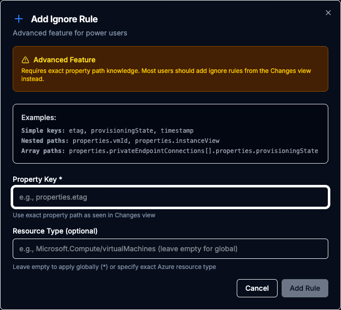 Add Ignore Rule dialog with the Advanced Feature warning callout