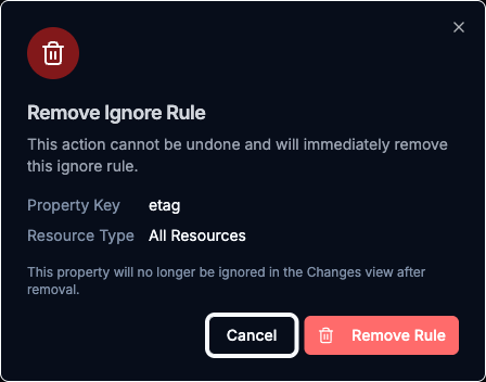 Remove Ignore Rule confirmation dialog summarizing the rule's Property Key and Resource Type with Cancel and Remove Rule buttons