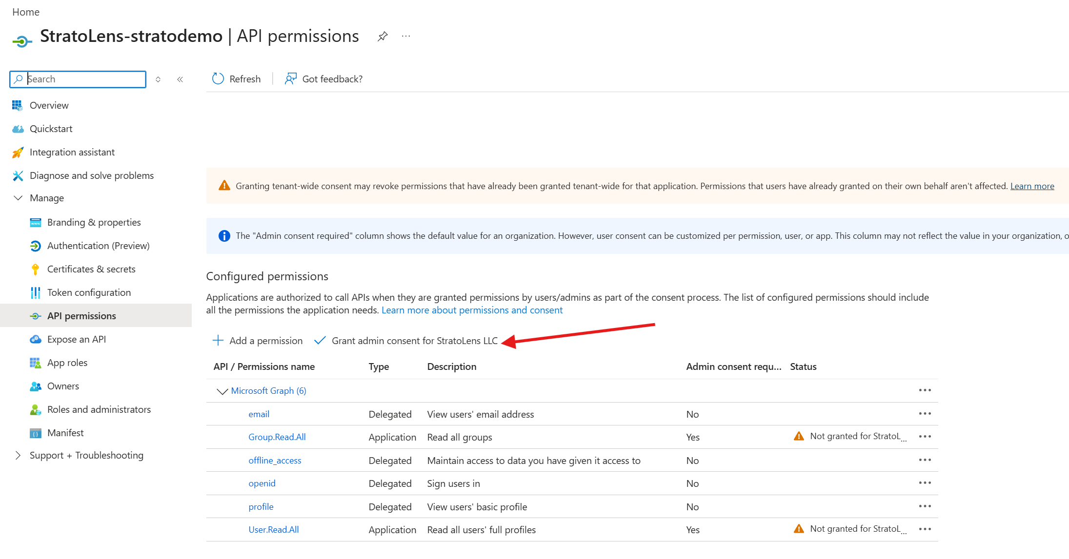 Azure Portal App Registration API permissions page with a red arrow pointing to the Grant admin consent for StratoLens LLC button