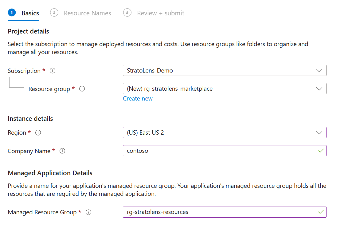 Create StratoLens wizard, Basics tab showing Subscription, Resource group, Region, Company Name, and Managed Resource Group fields