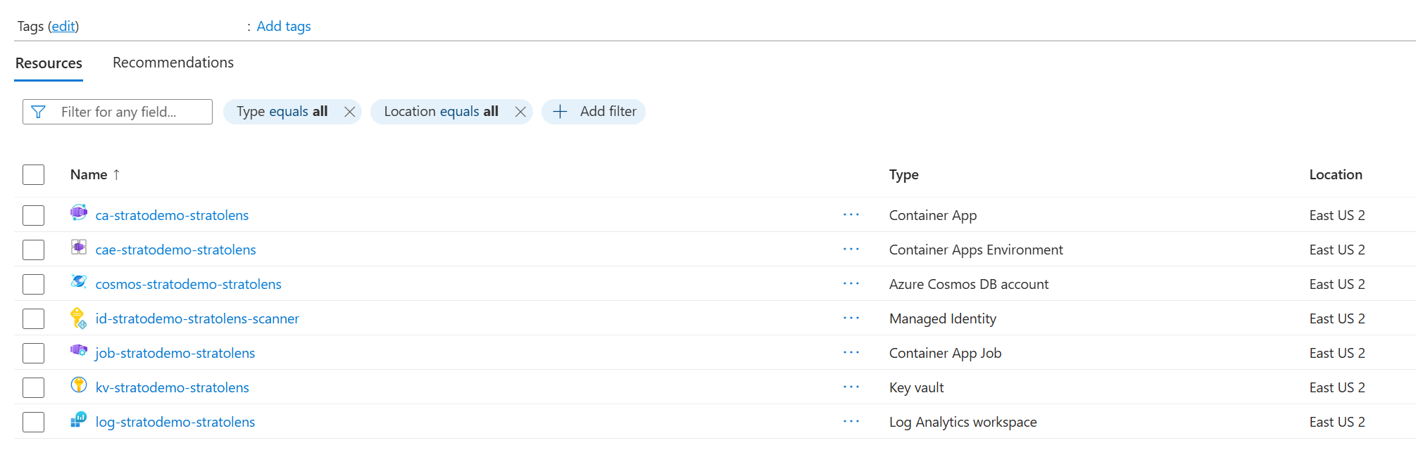 Azure Portal resource group view showing the seven StratoLens resources after deployment completes
