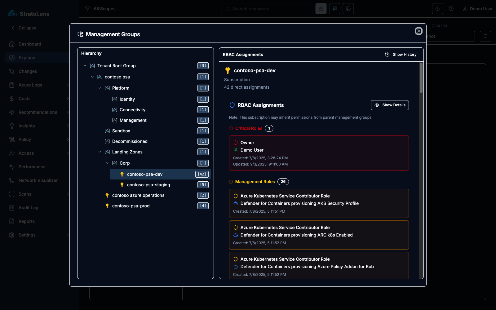 Management Groups view with a subscription selected and the right pane showing the Critical Roles and Management Roles sections with their assignments