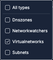 Filter types multi-select dropdown open showing All types plus individual resource types such as dnszones, networkwatchers, virtualnetworks, and Subnets