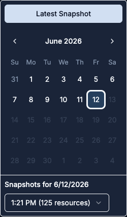 Snapshot picker open showing the Latest Snapshot button, the calendar with available scan dates, and the time-of-day dropdown for the selected day
