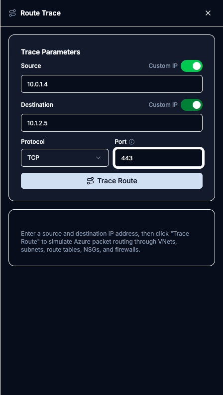 Route Trace panel with Custom IP toggled on for source and destination, IPv4 addresses filled in, TCP protocol, and port 443