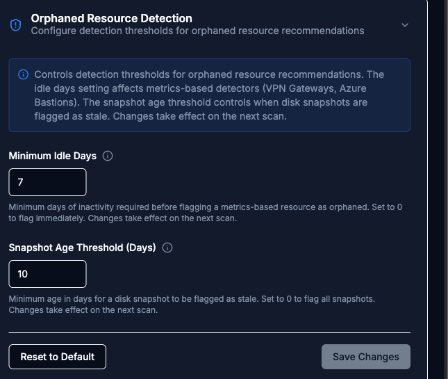Orphaned Resource Detection settings with the info alert, the Minimum Idle Days and Snapshot Age Threshold fields, and the Reset to Default and Save Changes buttons
